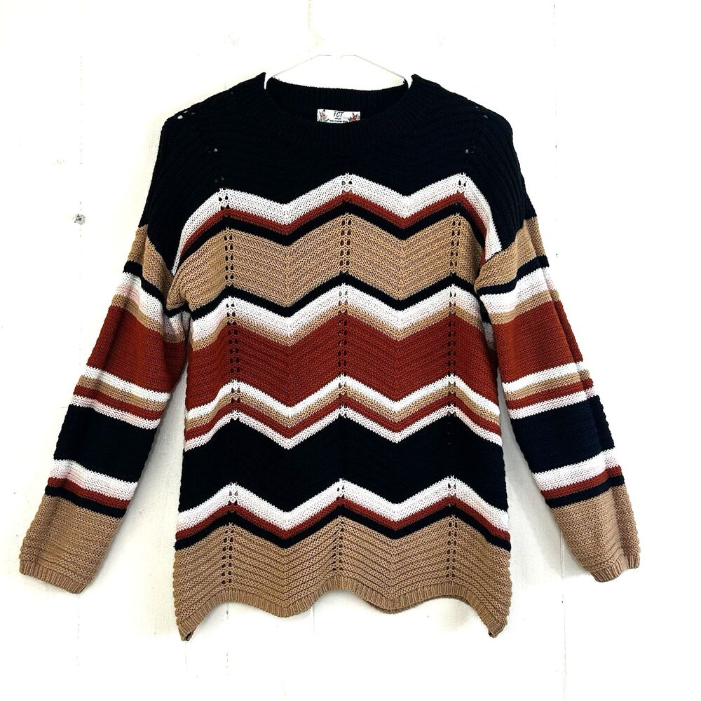 FCT with love Earth Tones Colorblock Chevron Pullover Sweater Top Size Medium.